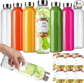 Glass Water Bottles with Stainless Steel Lids 8Pack, Reusable Empty Drinking Bottles for Juices, Smoothies, Tea, Beverages,Kombucha (16fl.oz/500ml