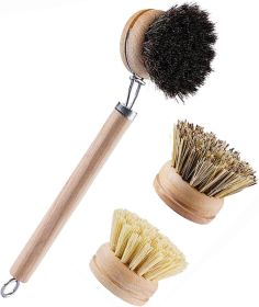 Bamboo Dish Brush with Handle, 1 Sturdy Wooden Handle with 3 Natural Bristle Heads, Horsehair, Sisal, Palm - All Purpose Kitchen Scrubber