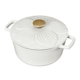 4 Quart Enameled Cast Iron Round Dutch Oven with Petal Design Lid, White Icing by Drew