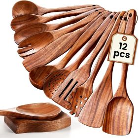 Wooden Spoons for Cooking, 12 Pcs Nonstick Wooden Cooking Utensils Set with Comfort Grip â€“ 100% Natural Teak Wood - Sturdy
