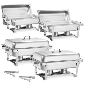 Rectangle Chafing Dish, 9 Qt 4 Pack Stainless Steel Chafing Dish, Food Warmer Chafer Complete Set with Hollow Handle, 2 Food Tongs, Lid, Fuel Holder