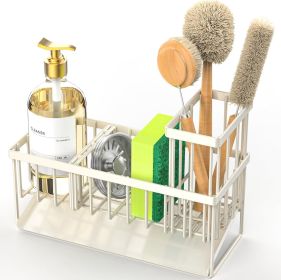 Off White Sponge Holder for Kitchen Sink, Sink Caddy Organizer with High Brush Holder, Kitchen Countertop Rustproof 304 Stainless Steel