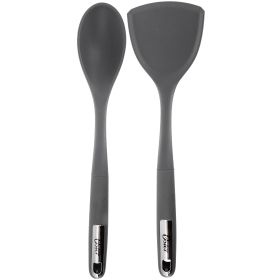 Oster Ridgecrest 2 Piece Silicone Kitchen Tool Serving Spoon and Turner Set in Gray