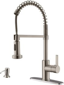 APPASO Commercial Kitchen Faucet Pull Down Sprayer with Soap Dispenser - Stainless Steel Brushed Nickel High Arc Tall Modern Single Handle Spring Kitc (Color: Brushed Nickel)