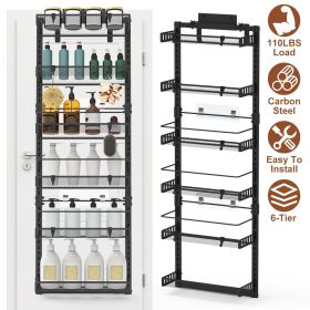 Over The Door Pantry Organizer 6-Tier Pantry Door Organizer Carbon Steel 110LBS Loading Easy Install Behind Door Storage For Closet Kitchen Bathroom 5 (Color: Black)